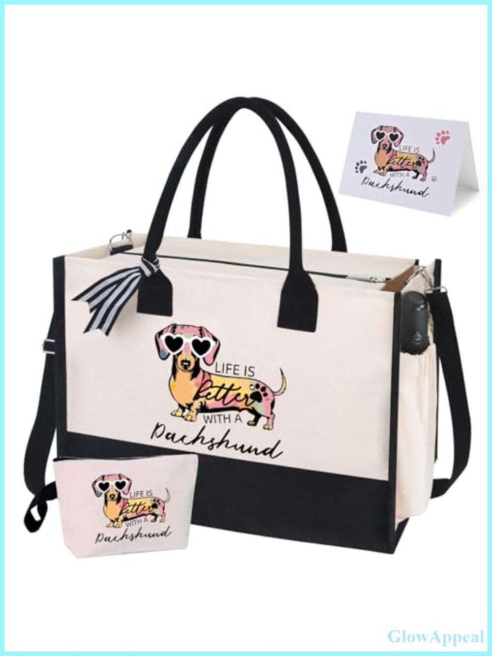 Dachshund Canvas Tote Bag with Zipper & Cosmetic Pouch Weiner Dog Gift